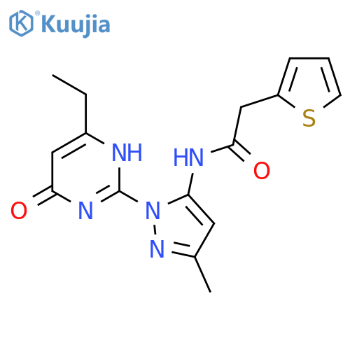 N-[1-(4-ethyl-6-oxo-1,6-dihydropyrimidin-2-yl)-3-methyl-1H-pyrazol-5-yl]-2-(thiophen-2-yl)acetamide structure