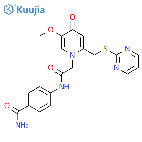 4-(2-{5-methoxy-4-oxo-2-[(pyrimidin-2-ylsulfanyl)methyl]-1,4-dihydropyridin-1-yl}acetamido)benzamide structure