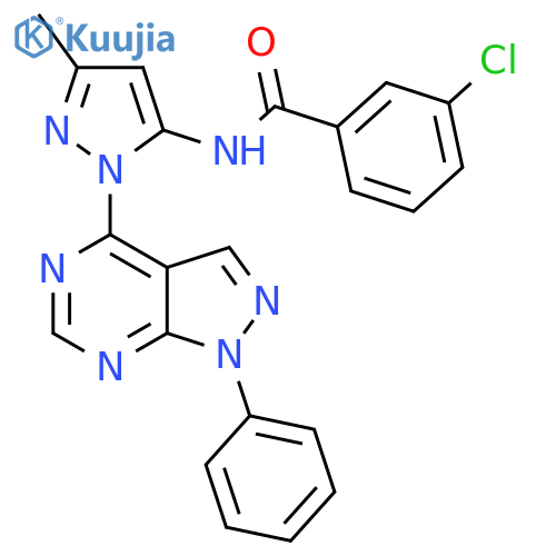3-chloro-N-(3-methyl-1-{1-phenyl-1H-pyrazolo[3,4-d]pyrimidin-4-yl}-1H-pyrazol-5-yl)benzamide structure