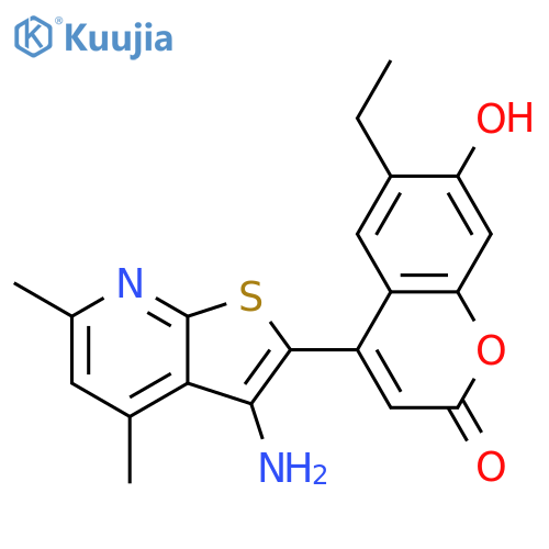 4-{3-amino-4,6-dimethylthieno[2,3-b]pyridin-2-yl}-6-ethyl-7-hydroxy-2H-chromen-2-one structure