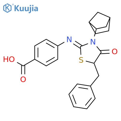 4-{[(2Z)-5-benzyl-3-{bicyclo[2.2.1]heptan-2-yl}-4-oxo-1,3-thiazolidin-2-ylidene]amino}benzoic acid structure