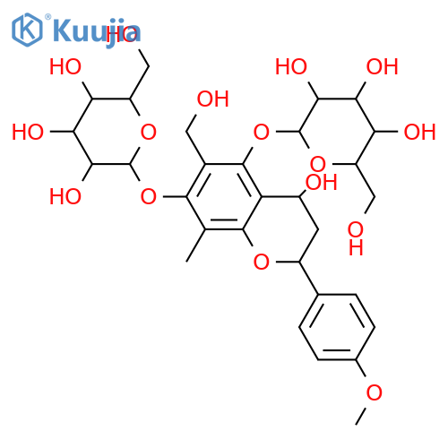 β-D-Glucopyranoside, (2R,4S)-3,4-dihydro-4-hydroxy-6-(hydroxymethyl)-2-(4-methoxyphenyl)-8-methyl-2H-1-benzopyran-5,7-diyl bis- structure