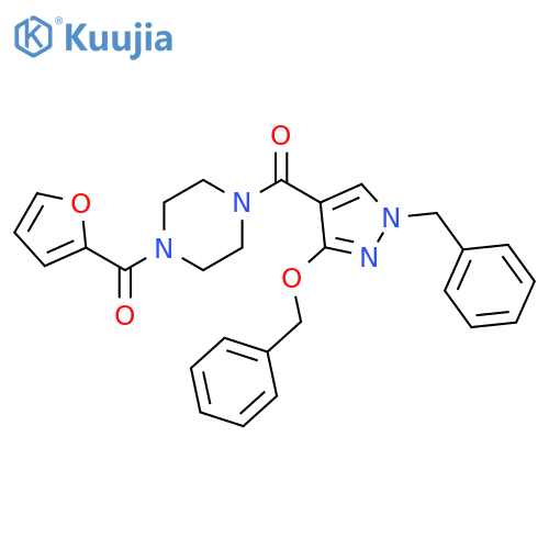 1-[1-benzyl-3-(benzyloxy)-1H-pyrazole-4-carbonyl]-4-(furan-2-carbonyl)piperazine structure