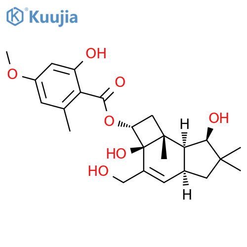 Benzoic acid, 2-hydroxy-4-methoxy-6-methyl-, (2R,2aS,4aS,7R,7aS,7bR)-2,2a,4a,5,6,7,7a,7b-octahydro-2a,7-dihydroxy-3-(hydroxymethyl)-6,6,7b-trimethyl-1H-cyclobut[e]inden-2-yl ester structure