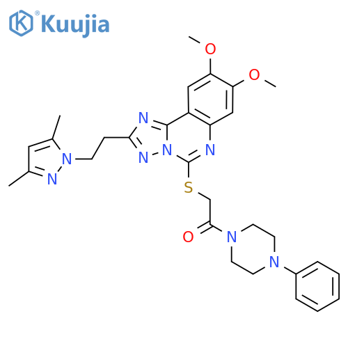 2-({2-[2-(3,5-dimethyl-1H-pyrazol-1-yl)ethyl]-8,9-dimethoxy-[1,2,4]triazolo[1,5-c]quinazolin-5-yl}sulfanyl)-1-(4-phenylpiperazin-1-yl)ethan-1-one structure