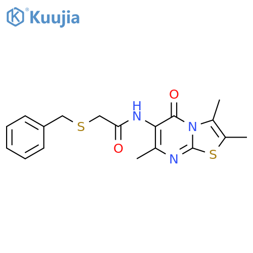 2-(benzylsulfanyl)-N-{2,3,7-trimethyl-5-oxo-5H-[1,3]thiazolo[3,2-a]pyrimidin-6-yl}acetamide structure