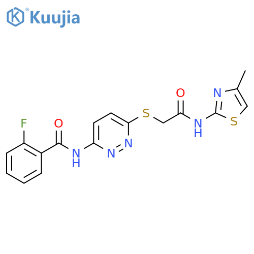 2-fluoro-N-[6-({[(4-methyl-1,3-thiazol-2-yl)carbamoyl]methyl}sulfanyl)pyridazin-3-yl]benzamide structure