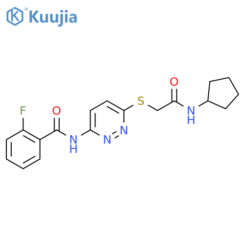 N-(6-{[(cyclopentylcarbamoyl)methyl]sulfanyl}pyridazin-3-yl)-2-fluorobenzamide structure