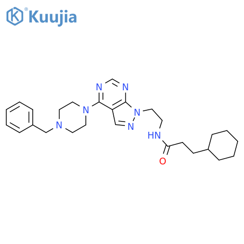 N-{2-[4-(4-benzylpiperazin-1-yl)-1H-pyrazolo[3,4-d]pyrimidin-1-yl]ethyl}-3-cyclohexylpropanamide structure