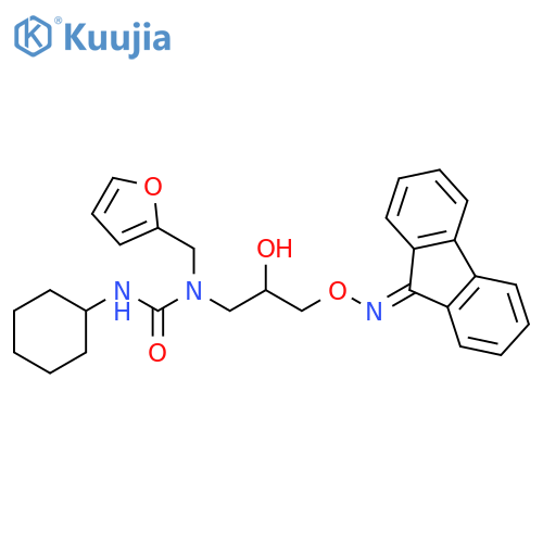 1-cyclohexyl-3-(3-{[(9H-fluoren-9-ylidene)amino]oxy}-2-hydroxypropyl)-3-[(furan-2-yl)methyl]urea structure