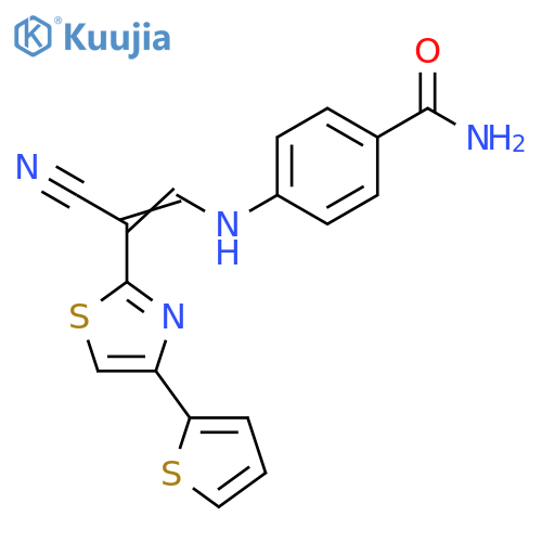 4-{[(1E)-2-cyano-2-[4-(thiophen-2-yl)-1,3-thiazol-2-yl]eth-1-en-1-yl]amino}benzamide structure
