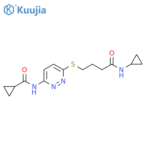 N-(6-{[3-(cyclopropylcarbamoyl)propyl]sulfanyl}pyridazin-3-yl)cyclopropanecarboxamide structure