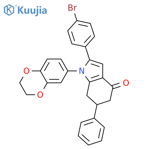 2-(4-bromophenyl)-1-(2,3-dihydro-1,4-benzodioxin-6-yl)-6-phenyl-6,7-dihydro-5H-indol-4-one structure