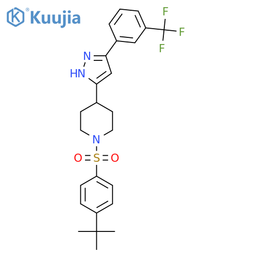 1-(4-tert-butylphenyl)sulfonyl-4-[3-[3-(trifluoromethyl)phenyl]-1H-pyrazol-5-yl]piperidine structure