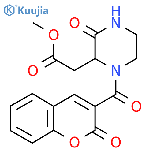 methyl 2-[3-oxo-1-(2-oxo-2H-chromene-3-carbonyl)piperazin-2-yl]acetate structure