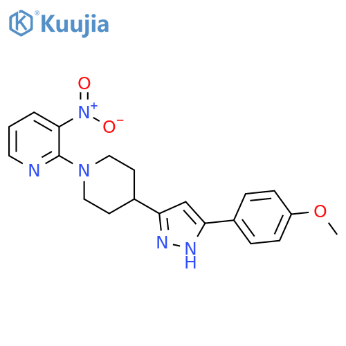 Methyl 4-{3-1-(3-nitro-2-pyridinyl)-4-piperidinyl-1H-pyrazol-5-yl}phenyl ether structure