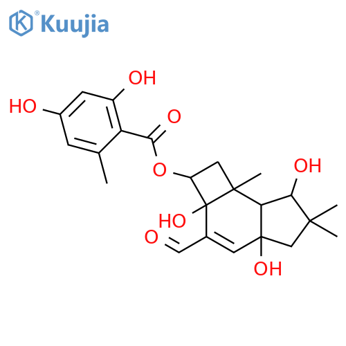 Benzoic acid,2,4-dihydroxy-6-methyl-,(2R,2aS,4aR,7R,7aS,7bR)-3-formyl-2,2a,4a,5,6,7,7a,7b-octahydro-2a,4a,7-trihydroxy-6,6,7b-trimethyl-1H-cyclobut[e]inden-2-ylester, rel-(+)- structure