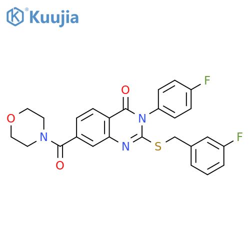 3-(4-fluorophenyl)-2-[(3-fluorophenyl)methylsulfanyl]-7-(morpholine-4-carbonyl)quinazolin-4-one structure