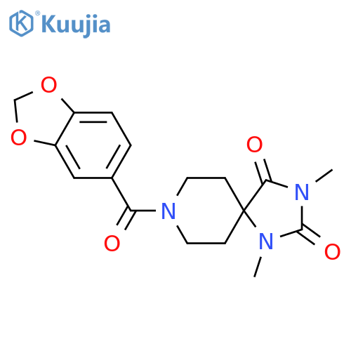 8-(2H-1,3-benzodioxole-5-carbonyl)-1,3-dimethyl-1,3,8-triazaspiro[4.5]decane-2,4-dione structure