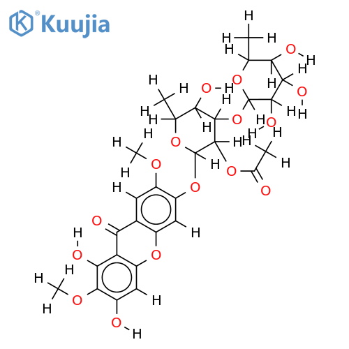 1,3-dihydroxy-2,7-dimethoxy-6-{[alpha-L-rhamnopyranosyl-(1->3)-2-O-acetyl-alpha-L-rhamnopyranosyl]oxy}-9H-xanthen-9-one structure