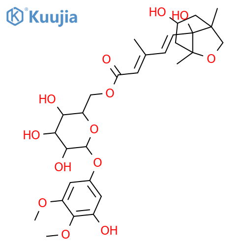 5,13-Epoxy-3,6-dihydroxycyclofarnesa-7,9-dien-11-oic acid; (3R,5R,6S,7E,9Z)-form, 11-O-[(3-Hydroxy-4,5-dimethoxyphenyl)-(→1)-β-D-glucopyranos-6-yl] ester structure