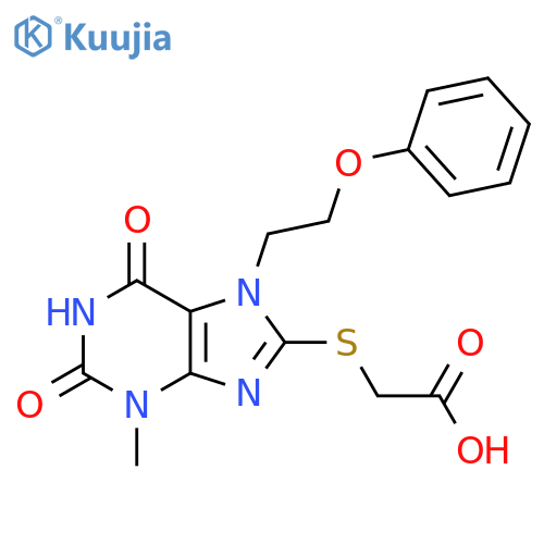 2-{[3-methyl-2,6-dioxo-7-(2-phenoxyethyl)-2,3,6,7-tetrahydro-1H-purin-8-yl]sulfanyl}acetic acid structure