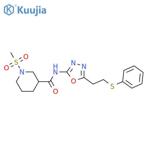 1-methanesulfonyl-N-{5-2-(phenylsulfanyl)ethyl-1,3,4-oxadiazol-2-yl}piperidine-3-carboxamide structure