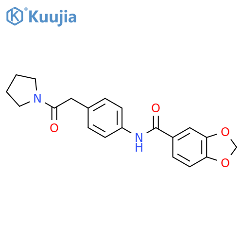 N-{4-[2-oxo-2-(pyrrolidin-1-yl)ethyl]phenyl}-2H-1,3-benzodioxole-5-carboxamide structure