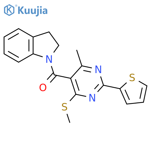 1-[4-methyl-6-(methylsulfanyl)-2-(thiophen-2-yl)pyrimidine-5-carbonyl]-2,3-dihydro-1H-indole structure