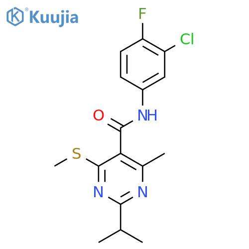 N-(3-chloro-4-fluorophenyl)-4-methyl-6-(methylsulfanyl)-2-(propan-2-yl)pyrimidine-5-carboxamide structure