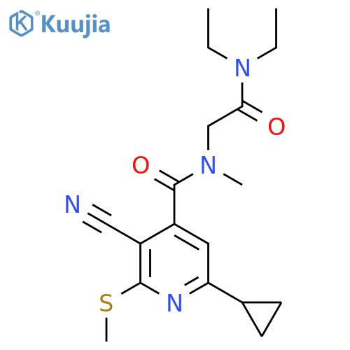 2-{1-[3-cyano-6-cyclopropyl-2-(methylsulfanyl)pyridin-4-yl]-N-methylformamido}-N,N-diethylacetamide structure