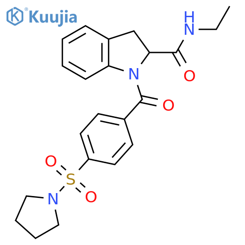 N-ethyl-1-[4-(pyrrolidine-1-sulfonyl)benzoyl]-2,3-dihydro-1H-indole-2-carboxamide structure