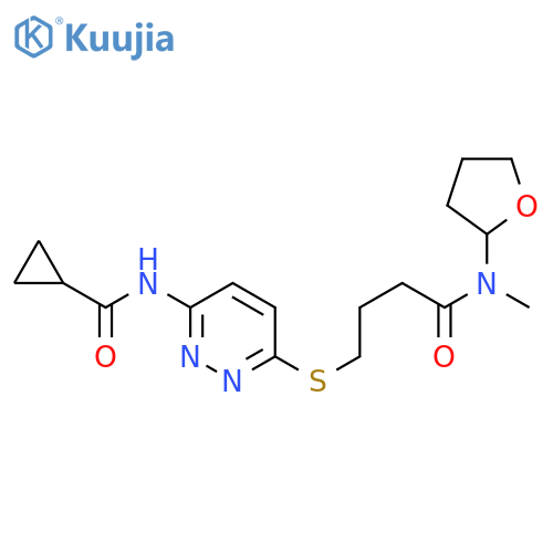 N-{6-[(3-{[(oxolan-2-yl)methyl]carbamoyl}propyl)sulfanyl]pyridazin-3-yl}cyclopropanecarboxamide structure