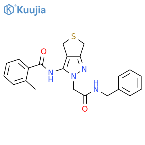 N-{2-(benzylcarbamoyl)methyl-2H,4H,6H-thieno3,4-cpyrazol-3-yl}-2-methylbenzamide structure