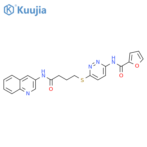 N-[6-({3-[(quinolin-3-yl)carbamoyl]propyl}sulfanyl)pyridazin-3-yl]furan-2-carboxamide structure