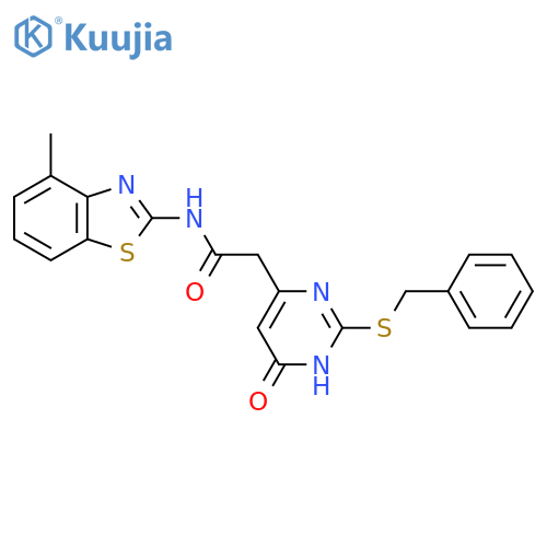2-2-(benzylsulfanyl)-6-oxo-1,6-dihydropyrimidin-4-yl-N-(4-methyl-1,3-benzothiazol-2-yl)acetamide structure