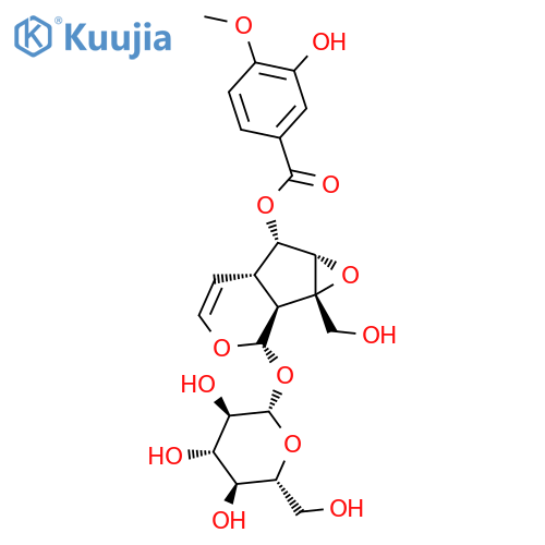 β-D-Glucopyranoside, (1aS,1bS,2S,5aR,6S,6aS)-1a,1b,2,5a,6,6a-hexahydro-6-[(3-hydroxy-4-methoxybenzoyl)oxy]-1a-(hydroxymethyl)oxireno[4,5]cyclopenta[1,2-c]pyran-2-yl structure