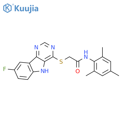 2-({8-fluoro-5H-pyrimido[5,4-b]indol-4-yl}sulfanyl)-N-(2,4,6-trimethylphenyl)acetamide structure