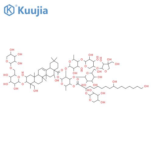 Olean-12-en-28-oicacid, 3-[(6-O-a-L-arabinopyranosyl-b-D-glucopyranosyl)oxy]-2,16,23-trihydroxy-,O-D-apio-b-D-furanosyl-(1(R)4)-O-b-D-xylopyranosyl-(1(R)4)-O-6-deoxy-a-L-mannopyranosyl-(1(R)2)-O-[b-D-glucopyranosyl-(1(R)3)]-6-deoxy-4-O-[9,16-dihydroxy-1-oxo-2-(b-D-xylopyranosyloxy)hexadecyl]-b-D-galactopyranosyl ester, (2b,3b,4a,16a)- (9CI) structure