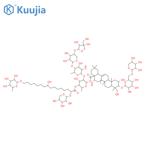 Olean-12-en-28-oic acid, 3-[(6-O-α-L-arabinopyranosyl-β-D-glucopyranosyl)oxy]-2,16,23-trihydroxy-, O-D-apio-β-D-furanosyl-(1→4)-O-β-D-xylopyranosyl-(1→4)-O-6-deoxy-α-L-mannopyranosyl-(1→2)-6-deoxy-4-O-[16-[(6-deoxy-α-L-mannopyranosyl)oxy]-9-hydroxy-1-oxo-2-(β-D-xylopyranosyloxy)hexadecyl]-β-D-galact... structure