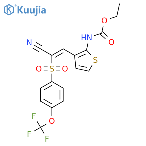 Ethyl N-[3-[(Z)-2-cyano-2-[4-(trifluoromethoxy)phenyl]sulfonylethenyl]thiophen-2-yl]carbamate structure
