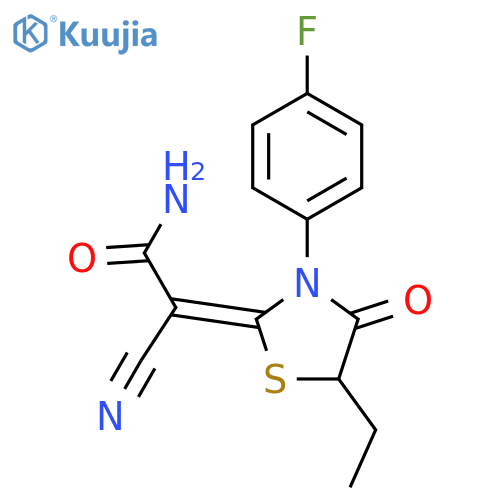 2-cyano-2-(2E)-5-ethyl-3-(4-fluorophenyl)-4-oxo-1,3-thiazolidin-2-ylideneacetamide structure