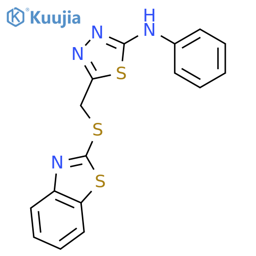 5-[(1,3-benzothiazol-2-ylsulfanyl)methyl]-N-phenyl-1,3,4-thiadiazol-2-amine structure