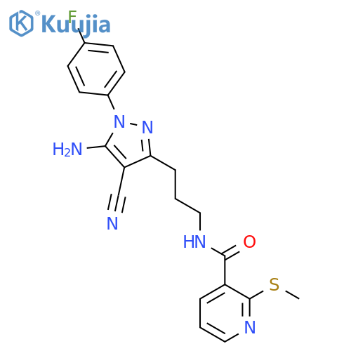 N-[3-[5-amino-4-cyano-1-(4-fluorophenyl)pyrazol-3-yl]propyl]-2-methylsulfanylpyridine-3-carboxamide structure