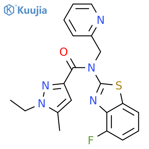 1-ethyl-N-(4-fluoro-1,3-benzothiazol-2-yl)-5-methyl-N-(pyridin-2-yl)methyl-1H-pyrazole-3-carboxamide structure