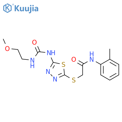 2-[(5-{[(2-methoxyethyl)carbamoyl]amino}-1,3,4-thiadiazol-2-yl)sulfanyl]-N-(2-methylphenyl)acetamide structure