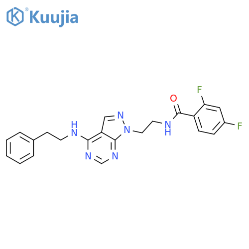 2,4-difluoro-N-(2-{4-[(2-phenylethyl)amino]-1H-pyrazolo[3,4-d]pyrimidin-1-yl}ethyl)benzamide structure