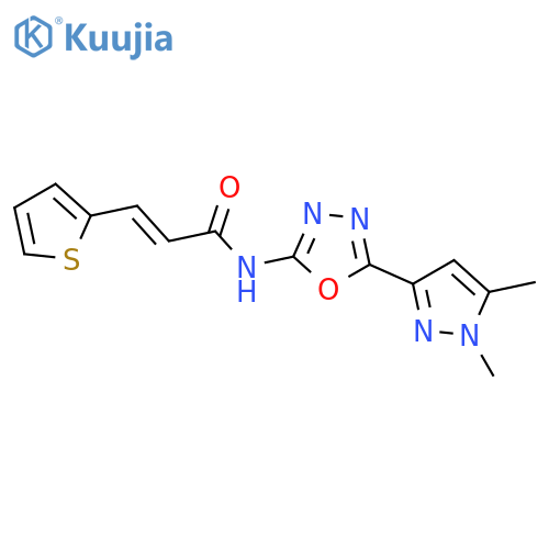 (2E)-N-5-(1,5-dimethyl-1H-pyrazol-3-yl)-1,3,4-oxadiazol-2-yl-3-(thiophen-2-yl)prop-2-enamide structure