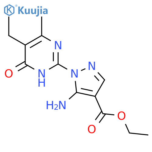 ethyl 5-amino-1-(5-ethyl-4-methyl-6-oxo-1,6-dihydropyrimidin-2-yl)-1{H}-pyrazole-4-carboxylate structure