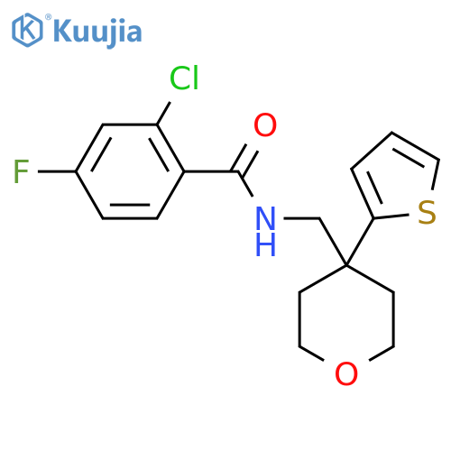 2-chloro-4-fluoro-N-{4-(thiophen-2-yl)oxan-4-ylmethyl}benzamide structure